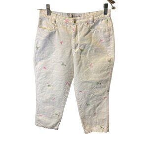 Columbia White Summer Palm Tree Flamingo Embroidered Cropped Pants Sz 6